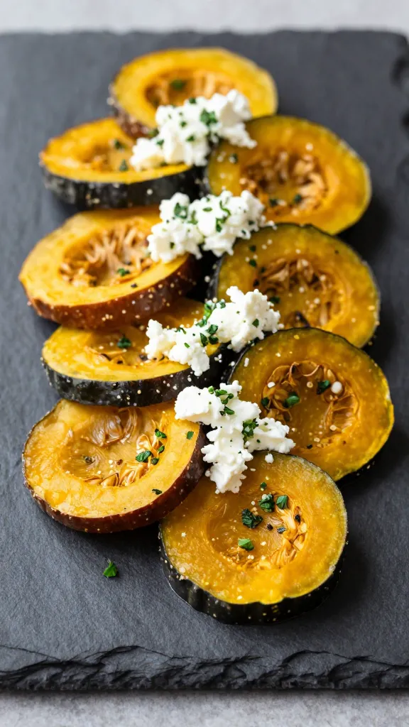 smoky squash coins with feta and herbs on slate board