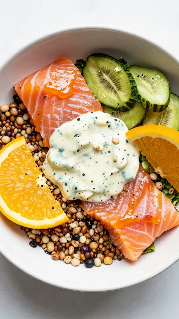leftover salmon grain bowl with citrus vinaigrette, overhead