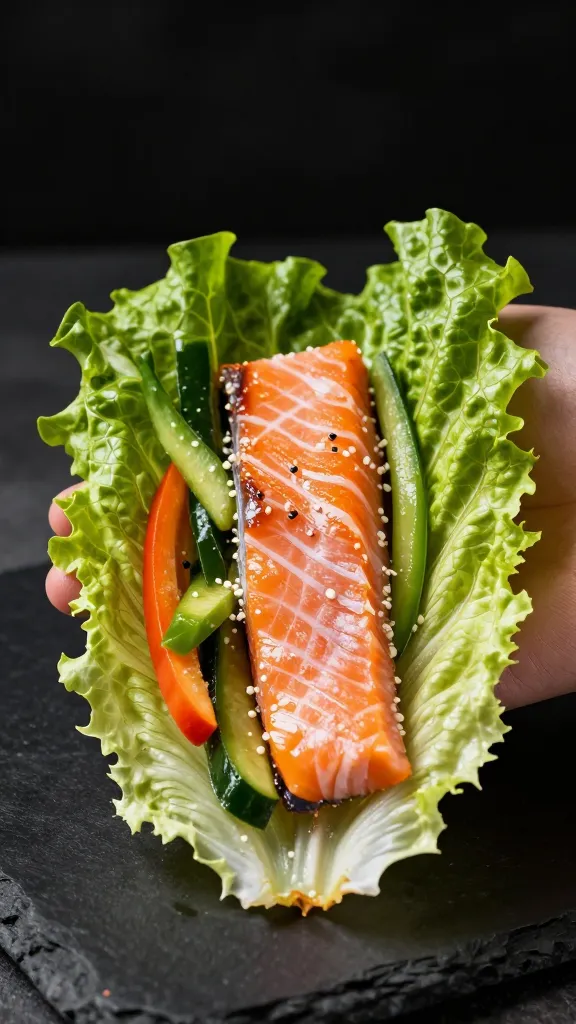 chilled salmon lettuce wraps with crunchy veggies, studio lighting