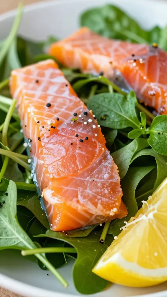 summer herb salad with flaked salmon and lemon, close-up