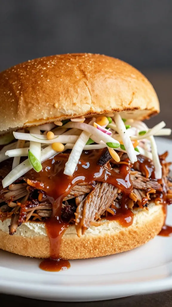 Pulled pork on brioche with slaw, glossy BBQ sauce