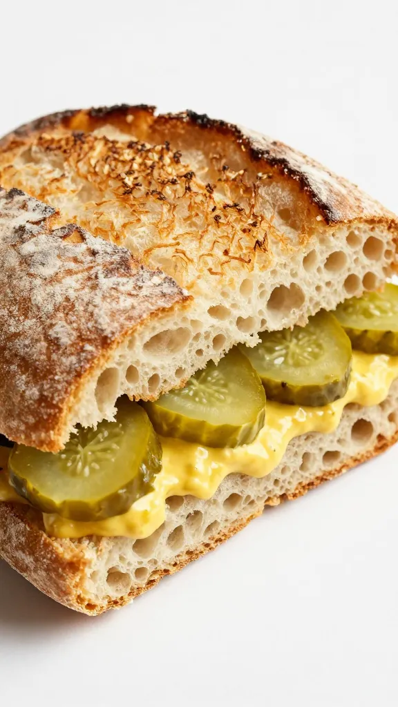 Toasted ciabatta sandwich with pickles and mustard-mayo
