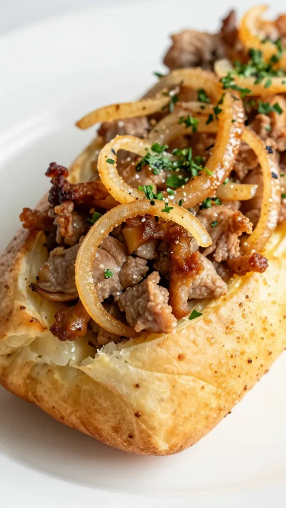 Potato roll piled with pork, crispy onions, fresh herbs