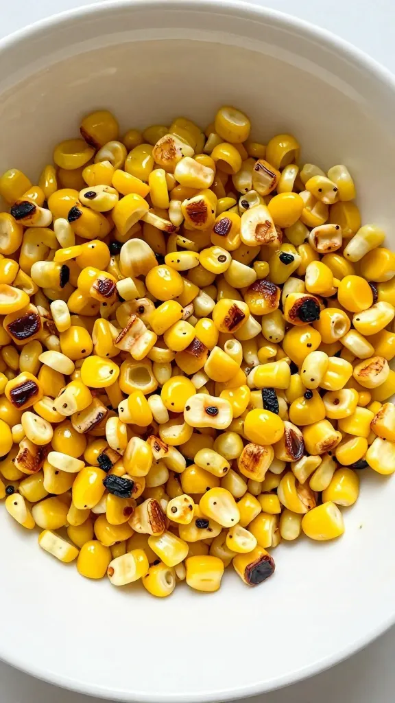 leftover grilled corn salad in white bowl, char visible