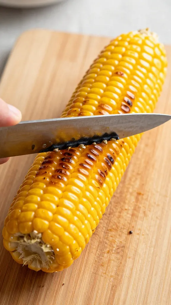 knife shaving charred corn from cob on cutting board