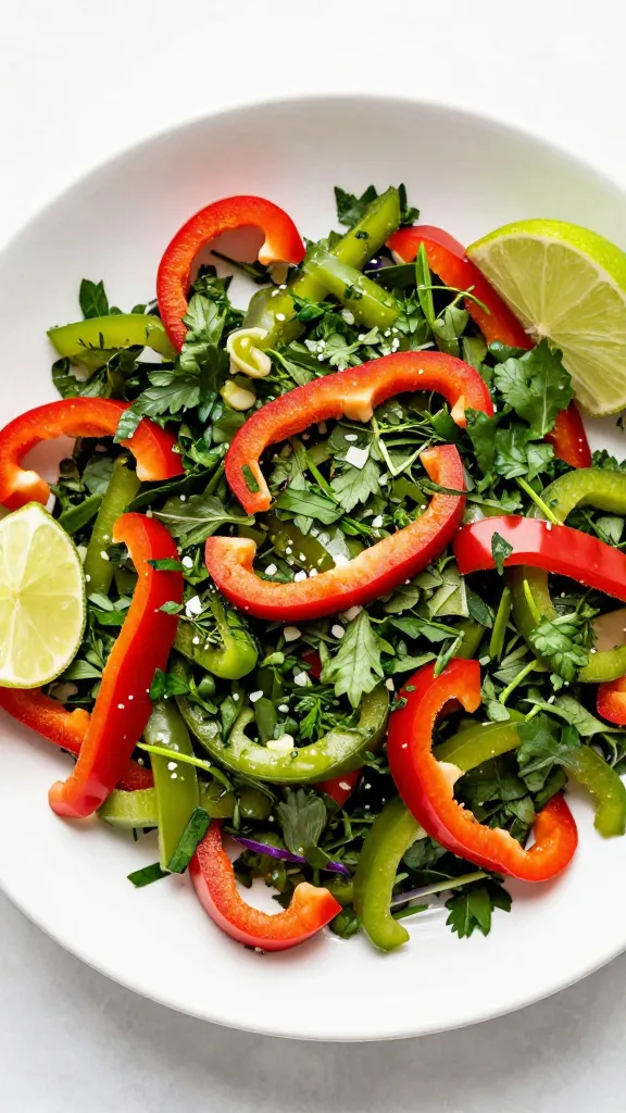 corn salad with bell pepper, herbs, lime wedges, overhead shot