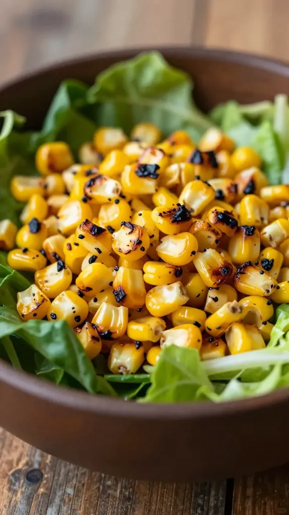 charred grilled corn kernels on rustic salad bowl