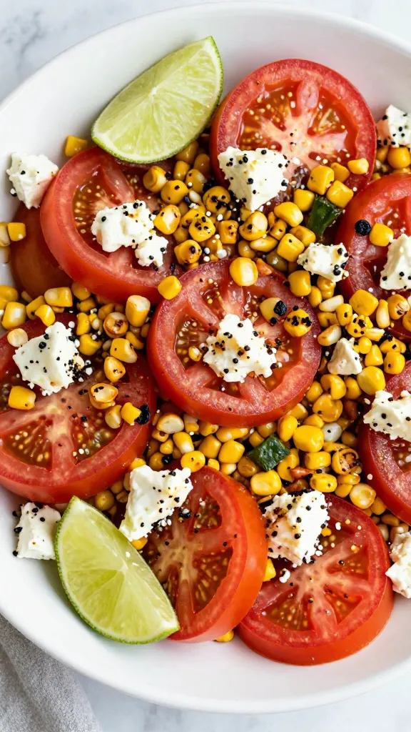 tomato feta grilled corn salad with lime wedges
