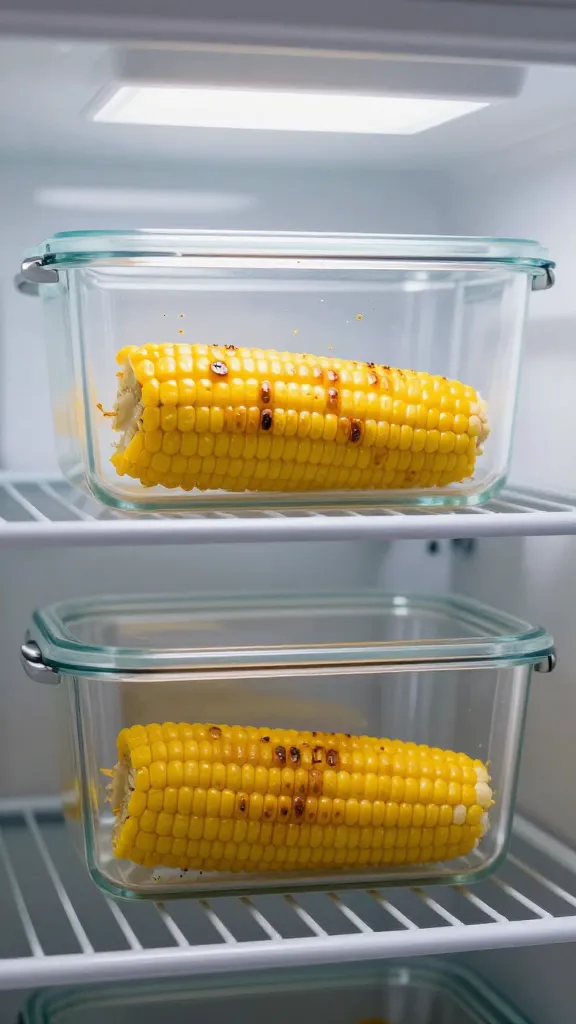 leftover grilled corn in Tupperware, fridge shelf lighting