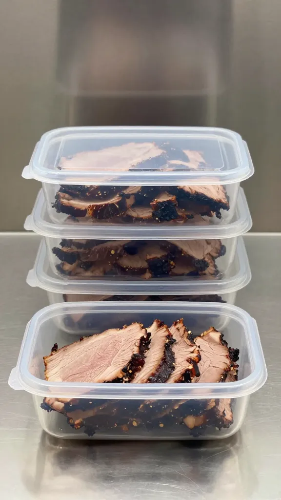 sliced smoked brisket in airtight containers, stainless counter