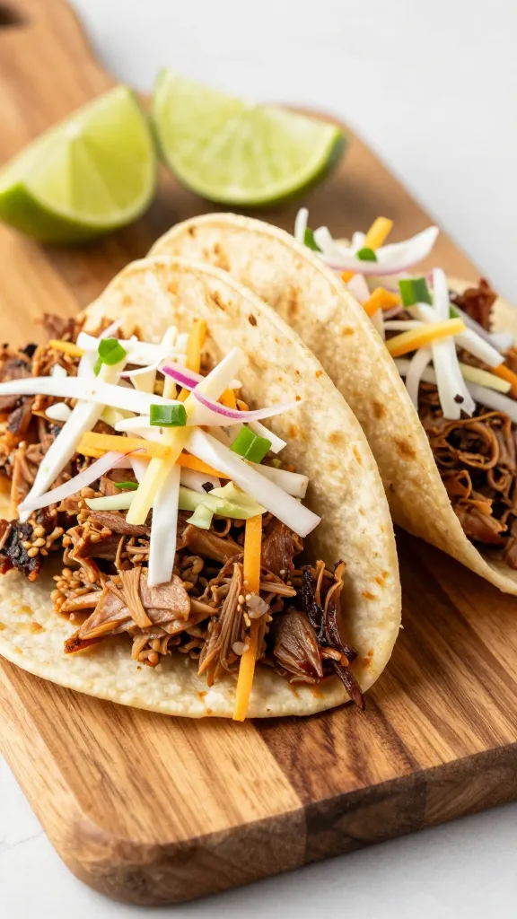 pulled pork tacos with slaw, lime wedges, wood board
