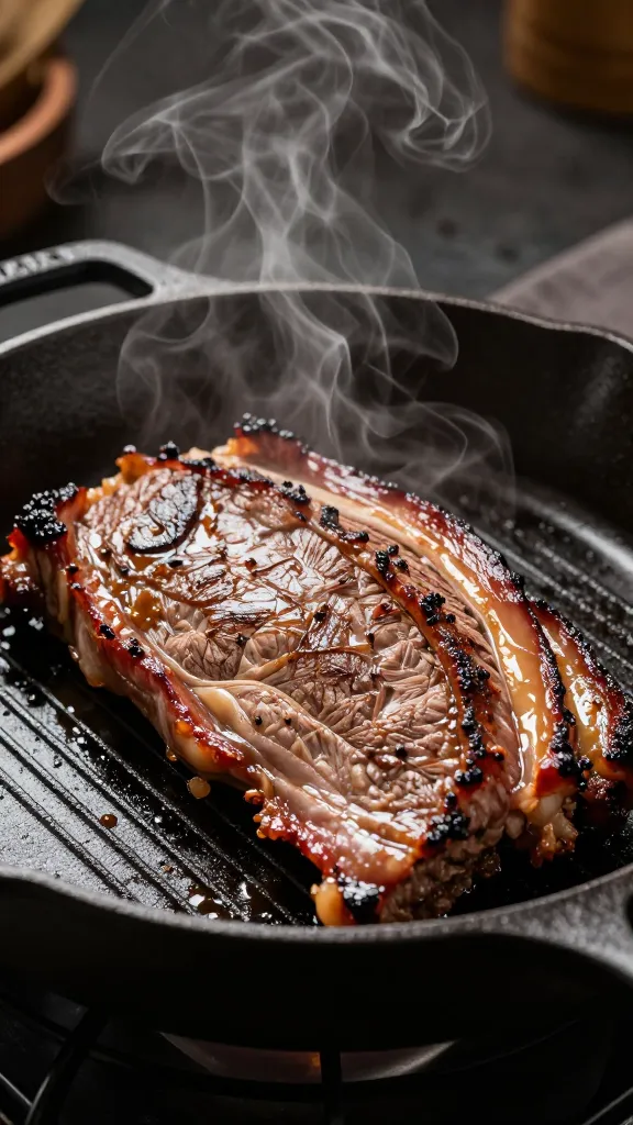 reheating brisket in cast-iron skillet, gentle steam rising