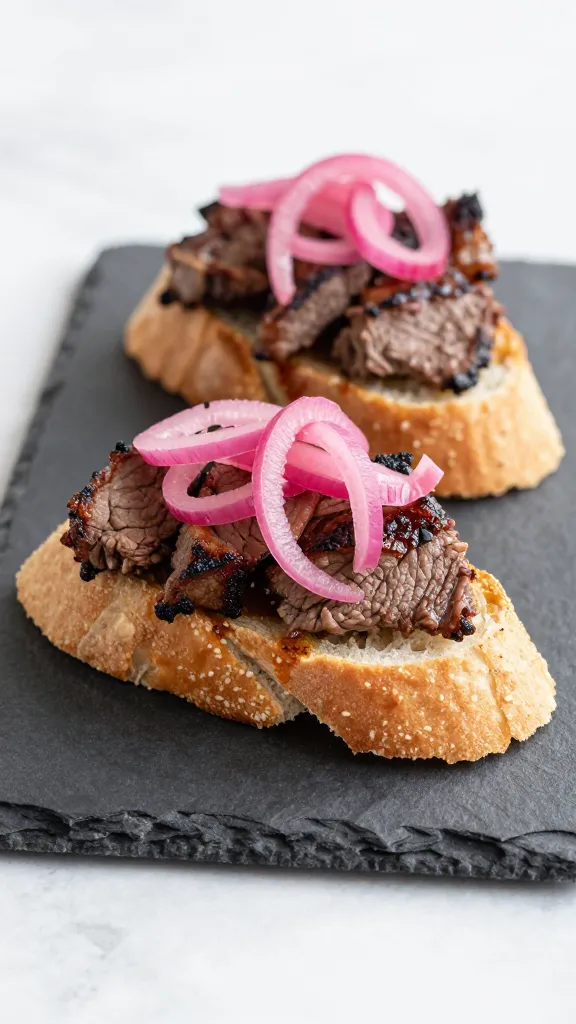 BBQ beef crostini with pickled onions on slate