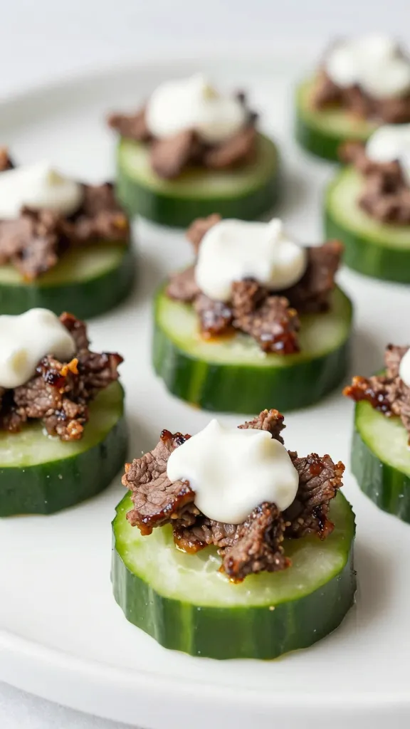 Cucumber rounds topped with BBQ beef and crema