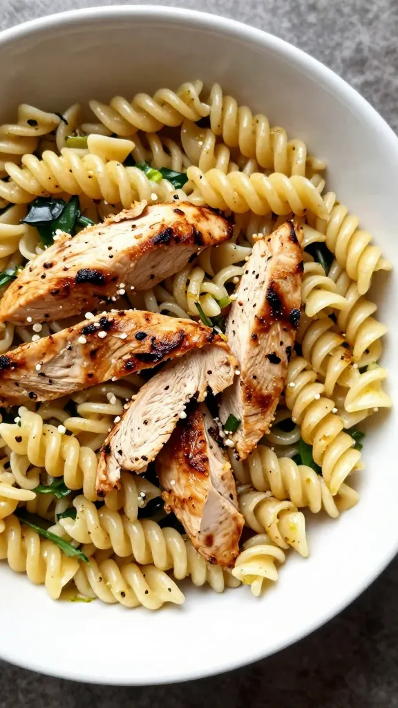 leftover grilled chicken pasta salad in white bowl