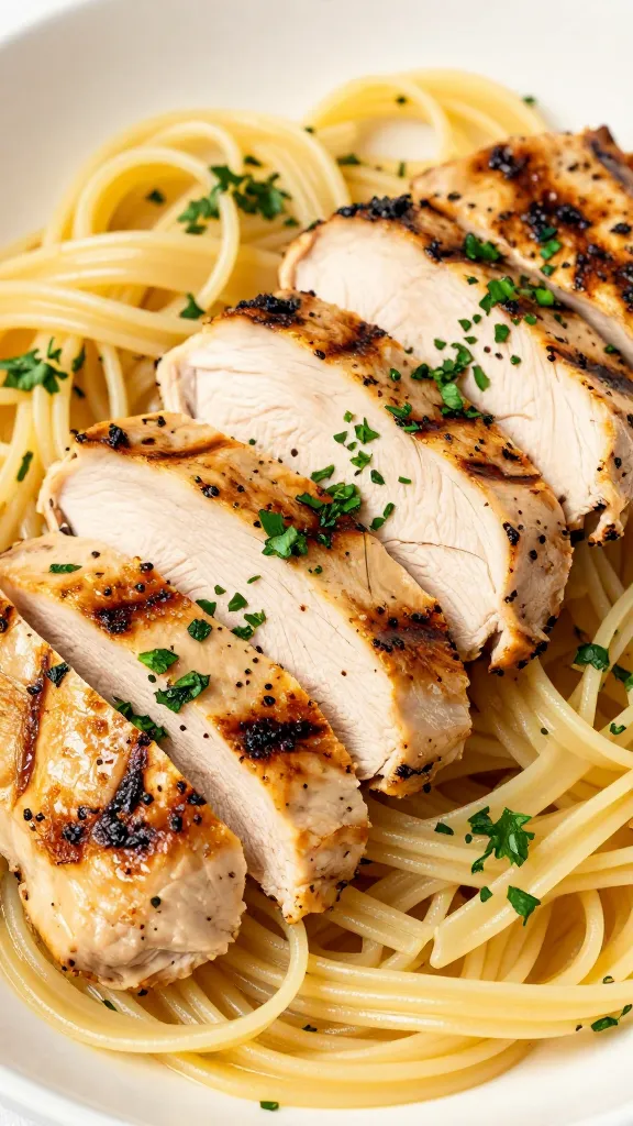 sliced grilled chicken over al dente pasta, bright herbs