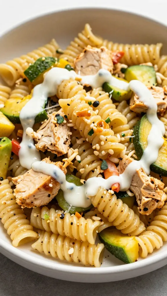 crunchy veggie and chicken pasta with tangy dressing drizzle