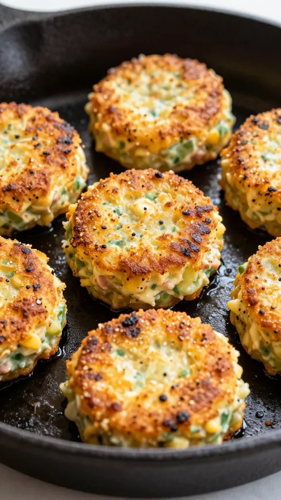 crispy potato salad cakes on cast-iron skillet