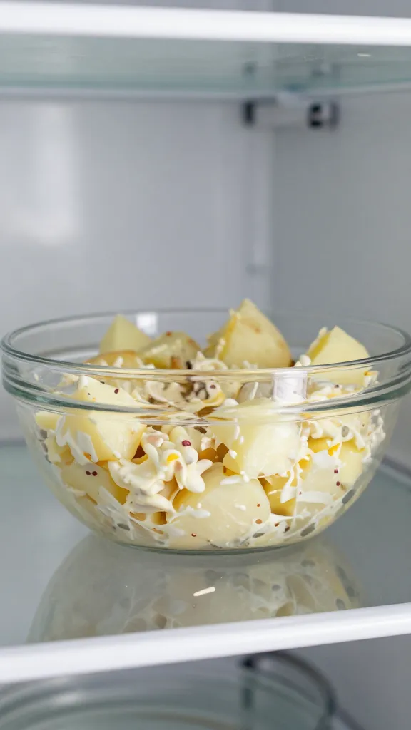 leftover potato salad in glass bowl, fridge shelf