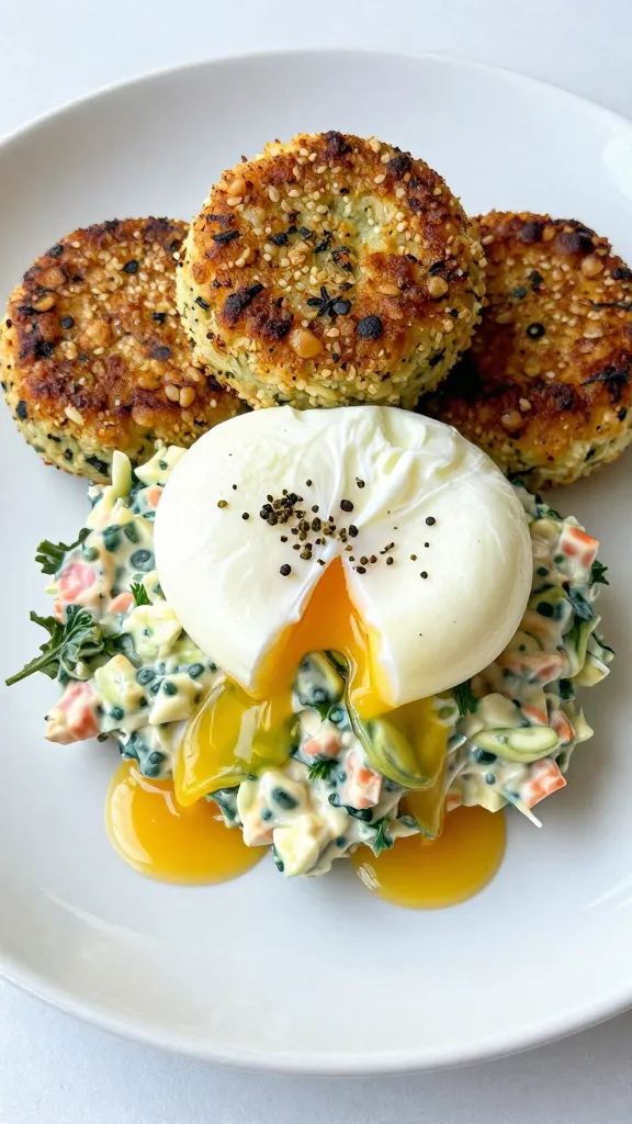 herby potato salad cakes with poached egg, brunch plate