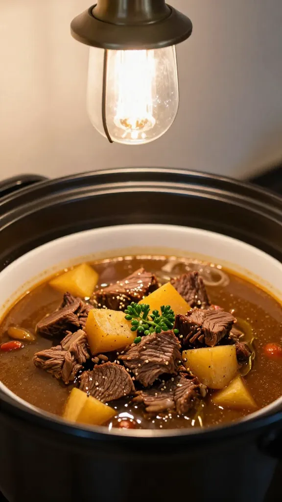 Crockpot brisket summer stew in white bowl, porch light