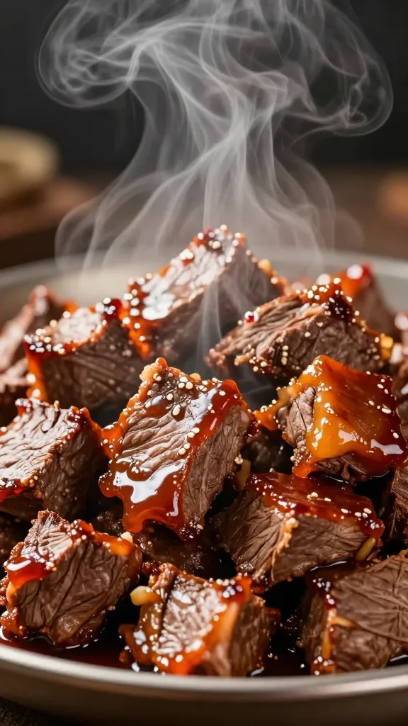 Leftover brisket chunks with sweet heat glaze, steam rising