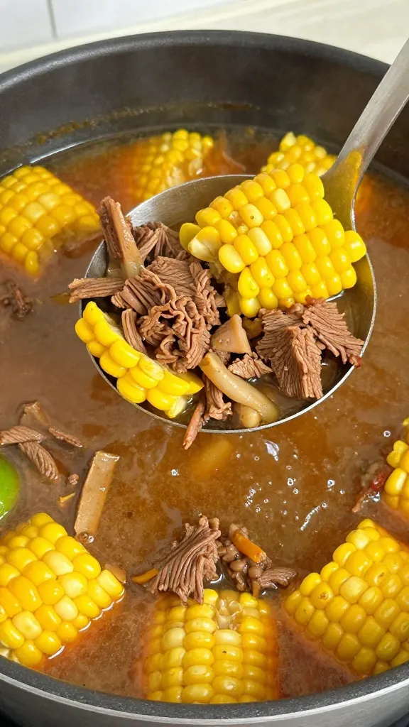 Ladle scooping tangy brisket stew with fresh corn and lime