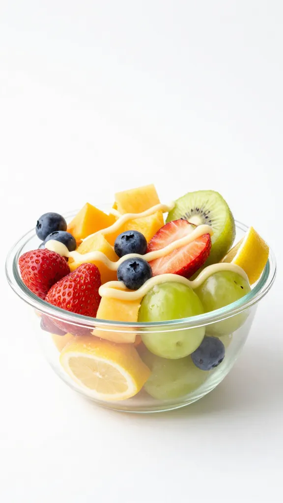 mixed summer fruit bowl with lemon drizzle, white background