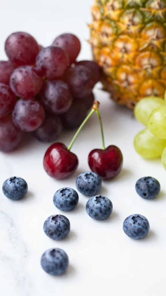 blueberries, cherries, grapes, and pineapple on marble surface