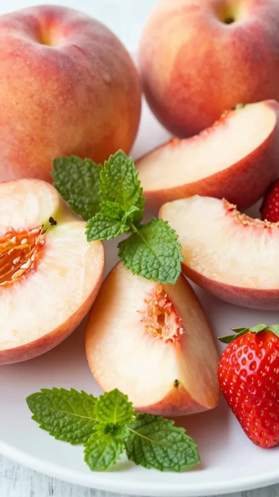 sliced peaches and strawberries with mint leaves, natural light