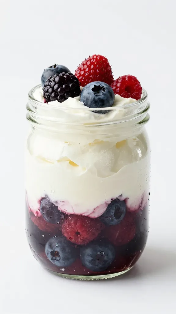 Mason jar layered berry parfait, whipped cream, condensation, white backdrop