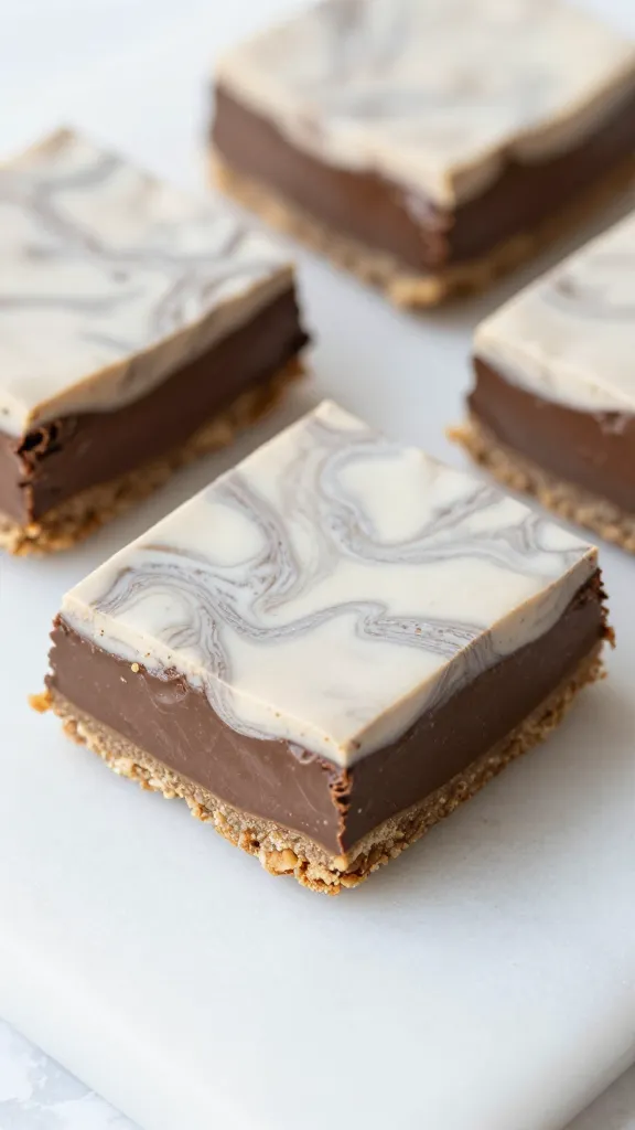 Chocolate peanut butter icebox bars, clean cut edges, marble surface