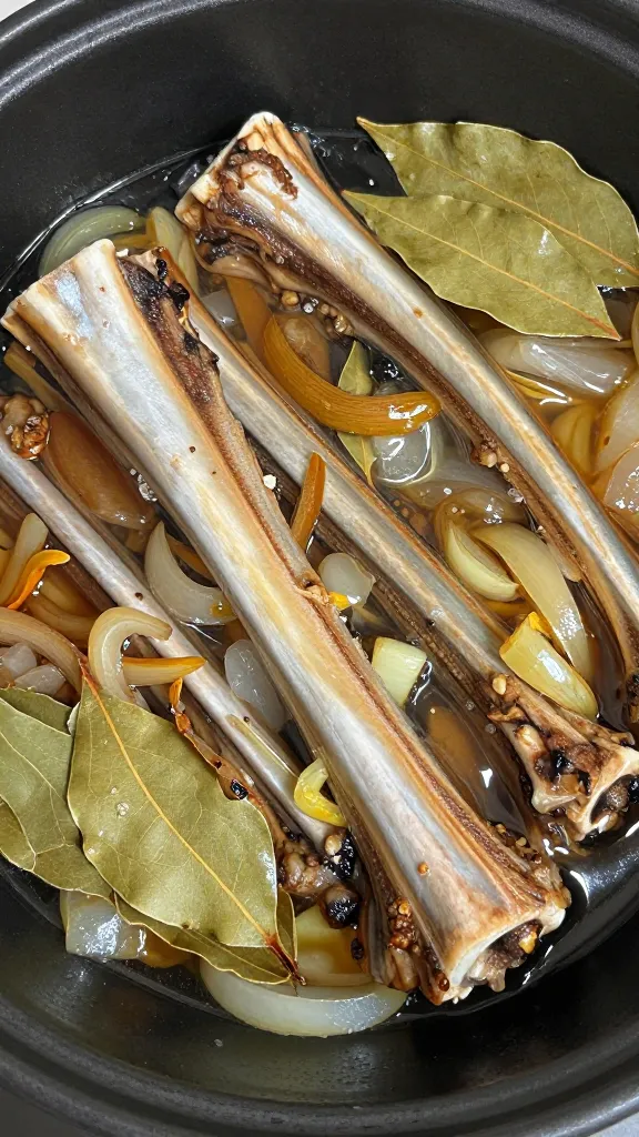 rib bones simmering with onion and bay leaf