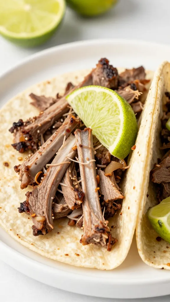 chopped rib meat in taco tortillas with lime wedges