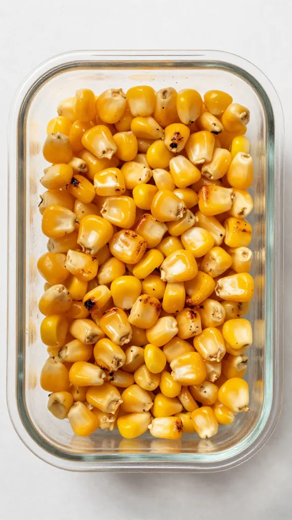 leftover grilled corn kernels in glass container, overhead