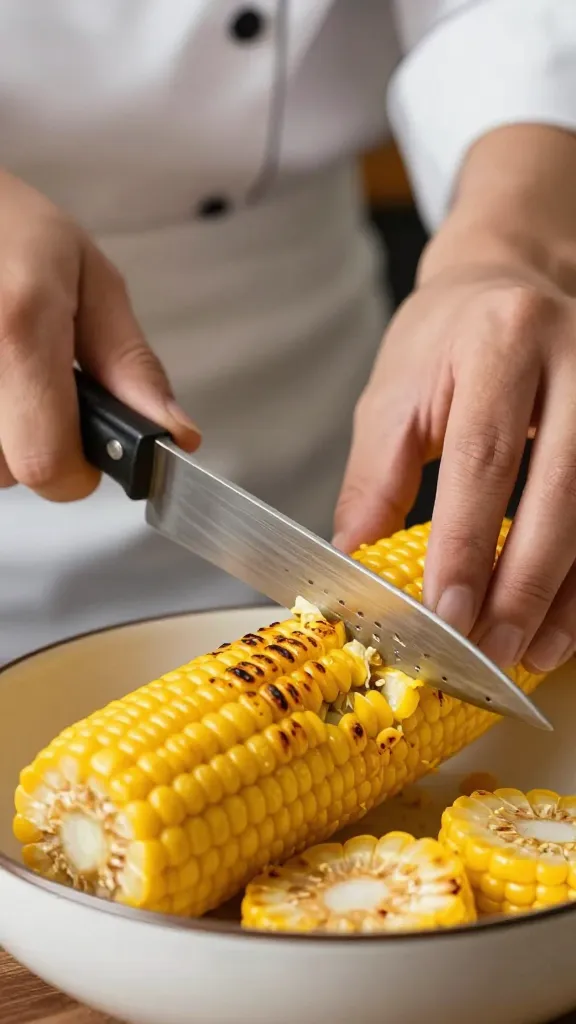 chef slicing grilled corn off cob into bowl, close-up