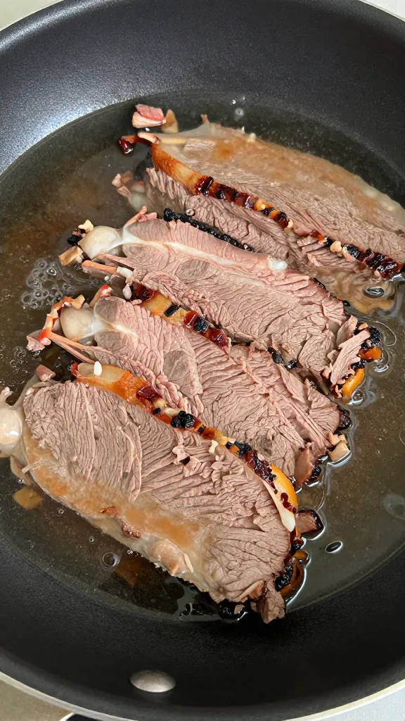 sliced leftover brisket in skillet with splash of broth