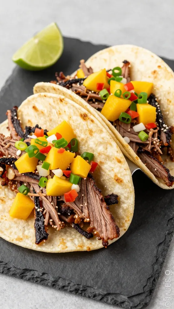 brisket tacos with mango salsa and lime on slate