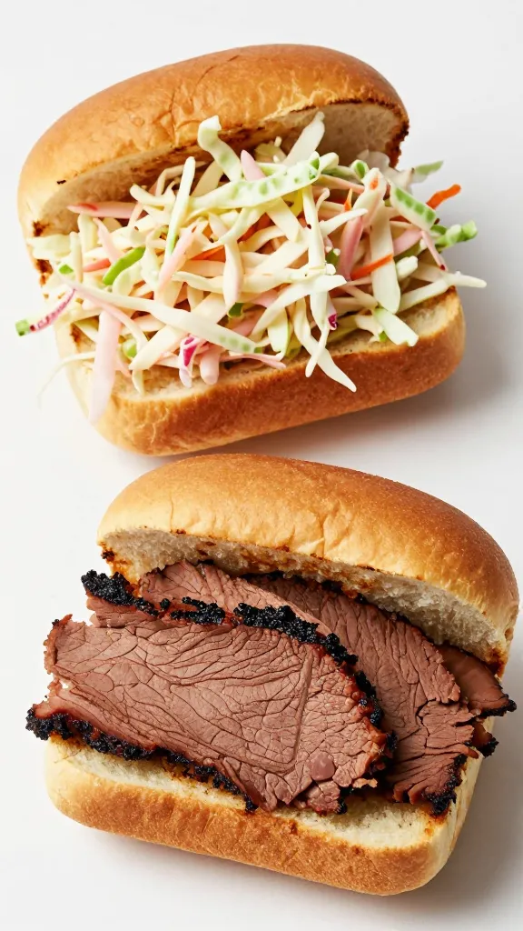 chilled coleslaw and warm brisket on toasted brioche buns