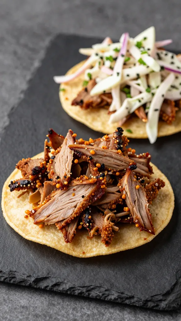 crispy pulled pork tostadas with summer slaw on slate plate