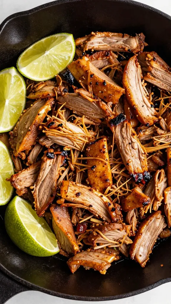 skillet-crisped pulled pork with lime wedges, overhead