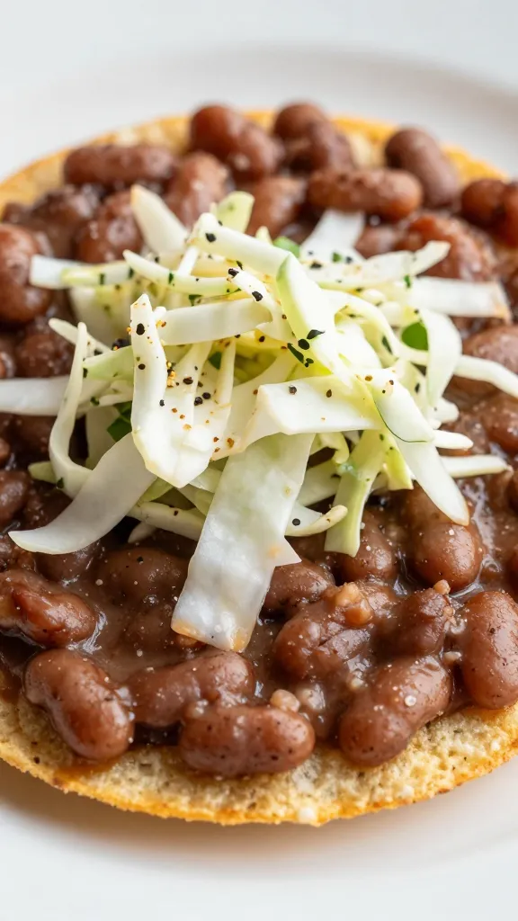 refried bean tostada topped with cabbage-cilantro slaw, close-up