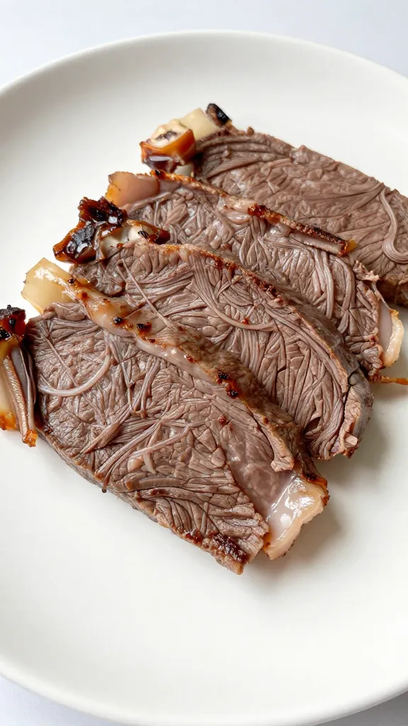 Thin-sliced leftover steak ribbons on chilled white plate