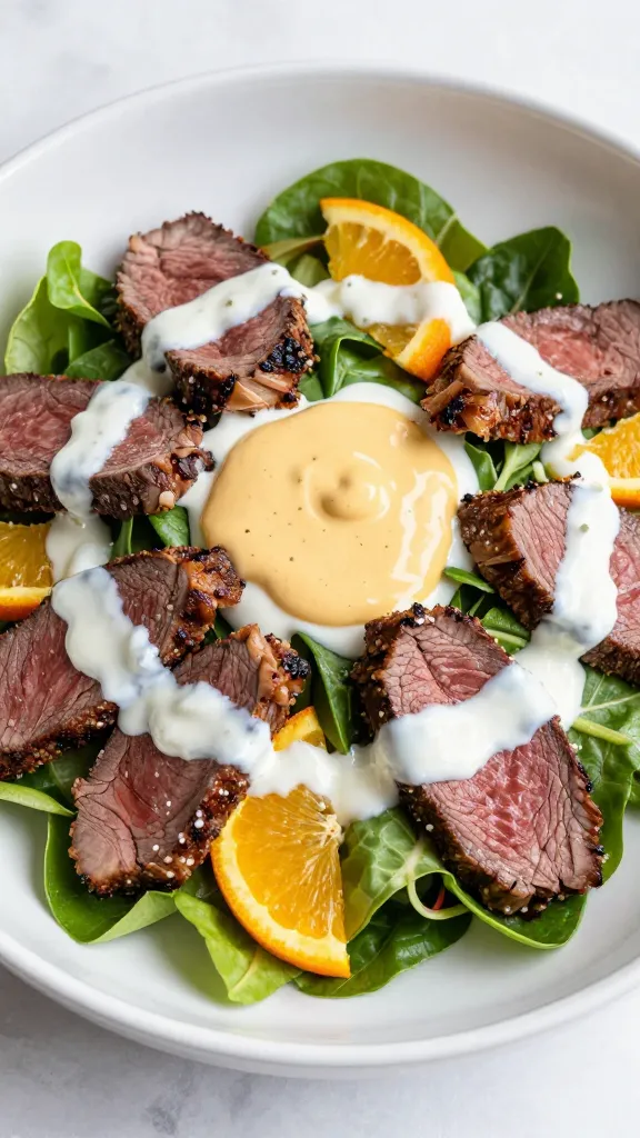 Cold steak salad with citrus dressing and yogurt drizzle