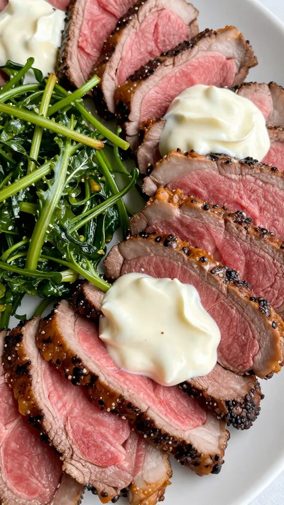 Sliced steak charcuterie with crunchy greens and creamy sauce
