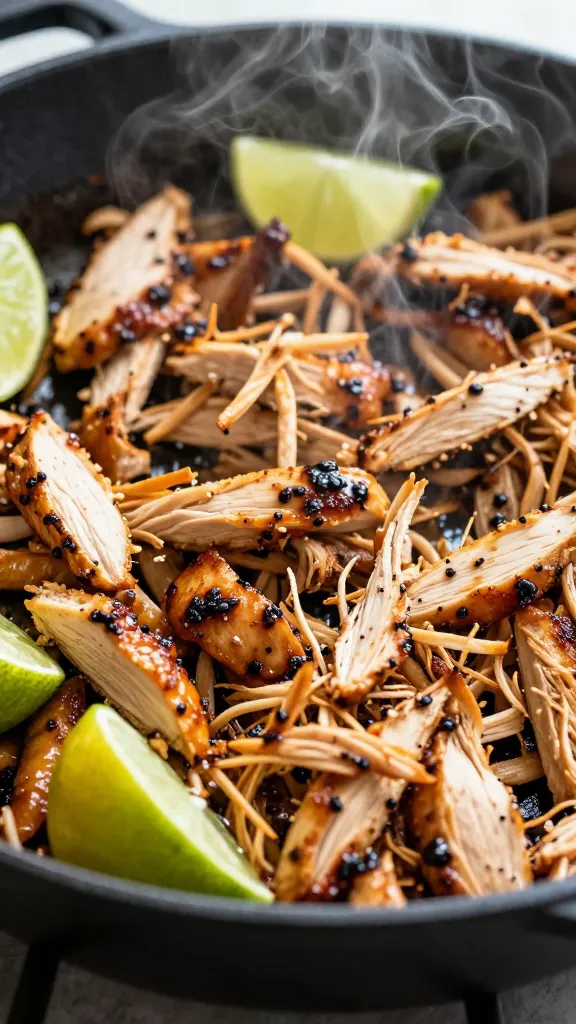 Shredded BBQ chicken in skillet steaming with lime wedges