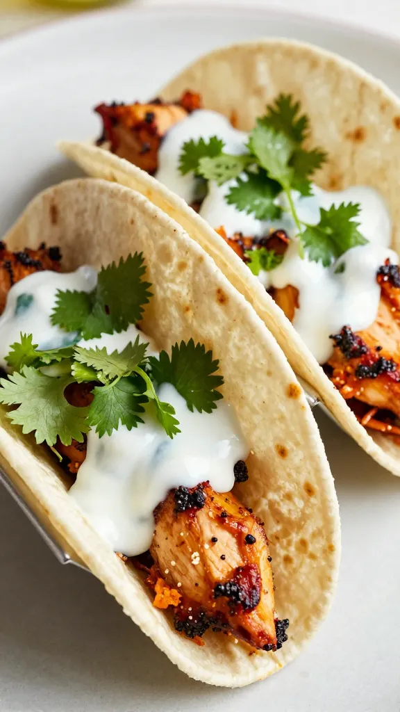 Leftover BBQ chicken tacos with cilantro and yogurt drizzle