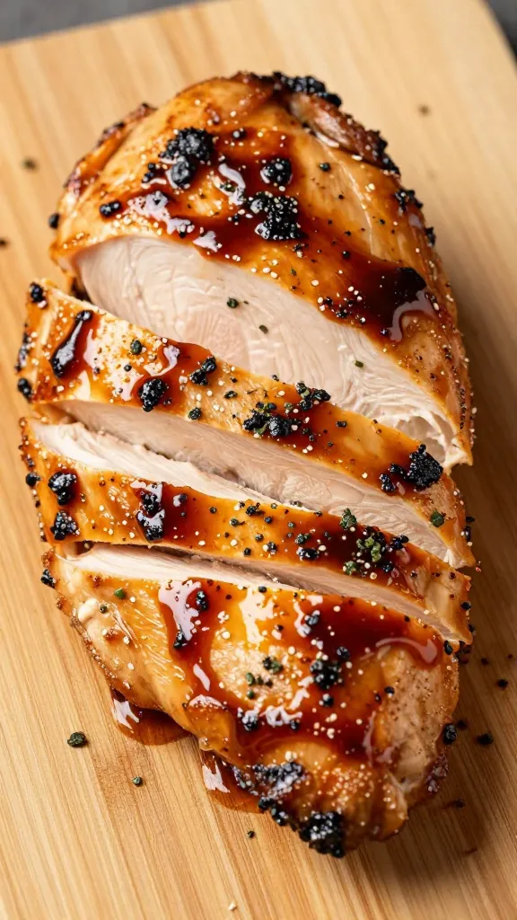 Sliced BBQ chicken on cutting board with sauce and herbs