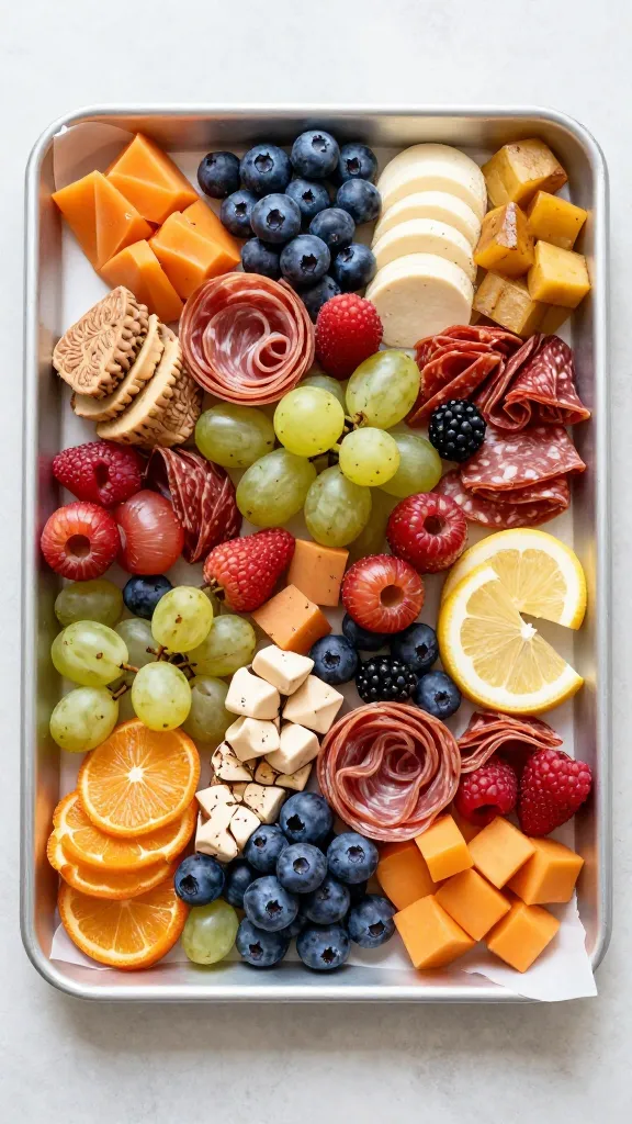 summer charcuterie board on parchment-lined sheet pan