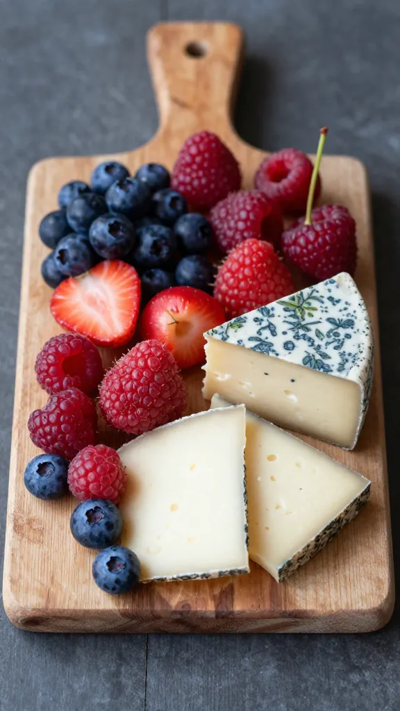 colorful berries and cheeses on rustic cutting board